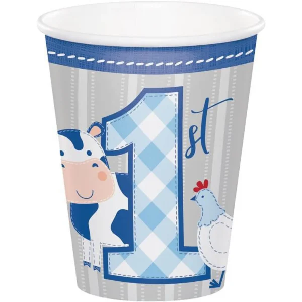 Farmhouse Boy 1st Birthday 9oz Hot/Cold Paper Cups - 8 Piece Count (Party Supplies)