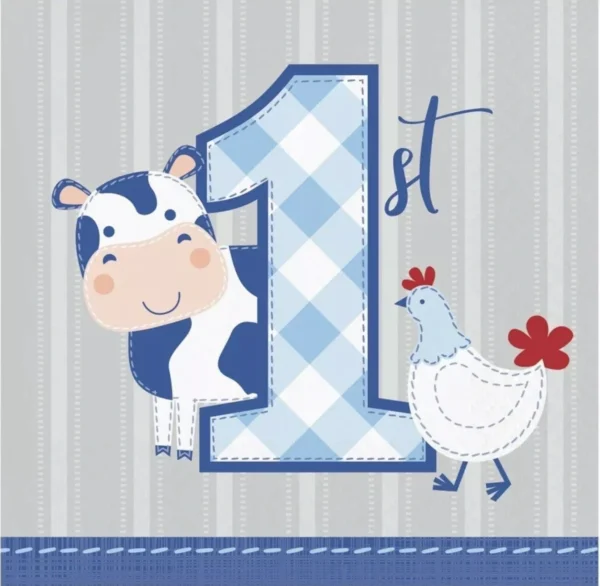 Farmhouse Boy 1st Birthday Beverage Napkins - 16 Piece Count (Party Supplies)