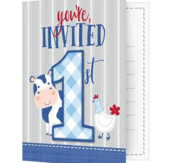 Farmhouse Boy 1st Birthday Party Invitations - 8 Piece Count (Party Supplies)
