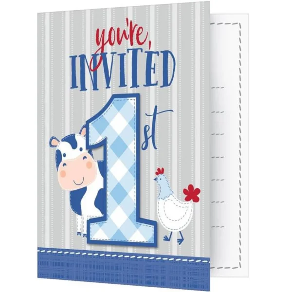 Farmhouse Boy 1st Birthday Party Invitations - 8 Piece Count (Party Supplies)